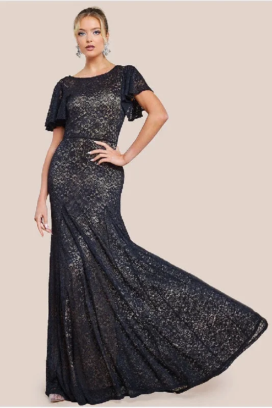 Simple bridesmaid dress with minimalist style -Flutter Sleeve Lace A-Line Maxi Dress - Black by Goddiva Simple bridesmaid dress with minimalist style -Flutter Sleeve Lace A-Line Maxi Dress - Black by Goddiva