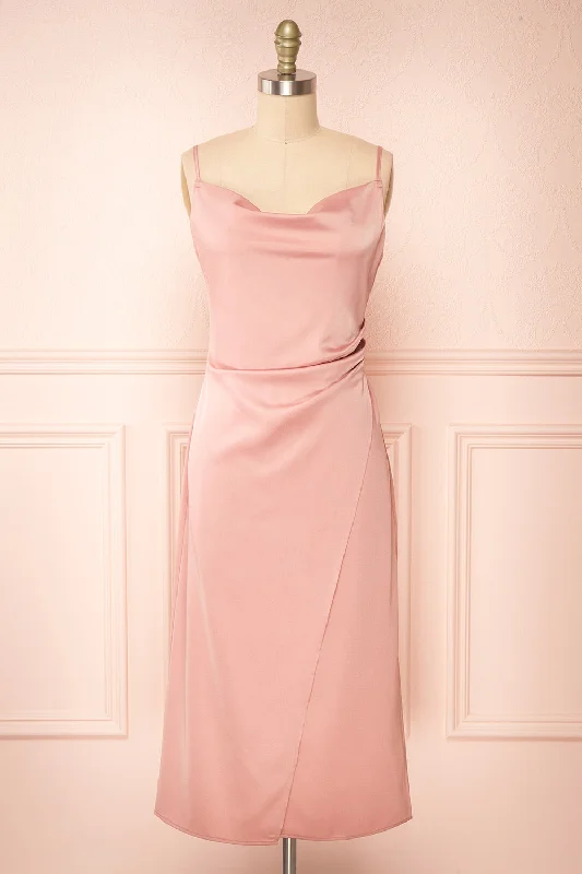 Bridesmaid dresses with ruffled hemline for fun vibe -Chloe Pink | Cowl Neck Satin Midi Slip Dress Bridesmaid dresses with ruffled hemline for fun vibe -Chloe Pink | Cowl Neck Satin Midi Slip Dress