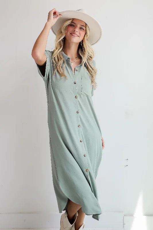 Comfortable women’s work dress for office jobs -FINAL SALE - Radiant Moment Sage Button Front Midi Dress Comfortable women’s work dress for office jobs -FINAL SALE - Radiant Moment Sage Button Front Midi Dress