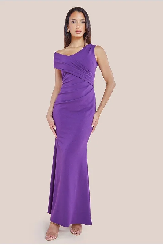 Bridesmaid dress with a flattering empire waistline -Scuba Crepe Off The Shoulder Maxi - Purple by Goddiva Bridesmaid dress with a flattering empire waistline -Scuba Crepe Off The Shoulder Maxi - Purple by Goddiva