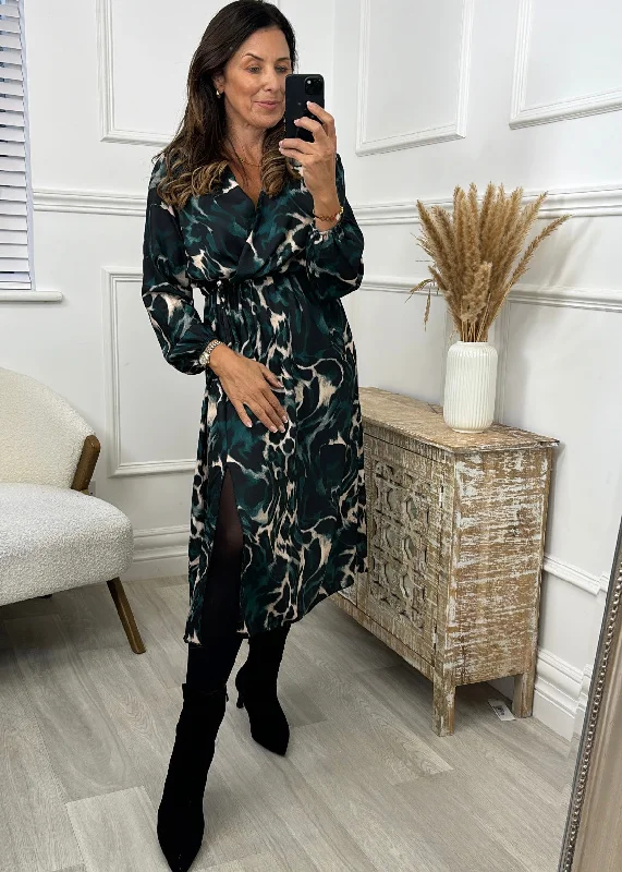 Long sleeve day dress for cooler weather -Emilia Teal Wrap Midi Dress