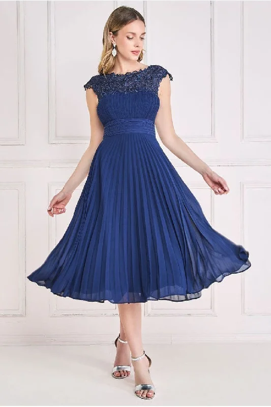 Bridesmaid dress with floral lace bodice for vintage feel -Goddiva Crochet & Pleated Top Midi - Navy Bridesmaid dress with floral lace bodice for vintage feel -Goddiva Crochet & Pleated Top Midi - Navy