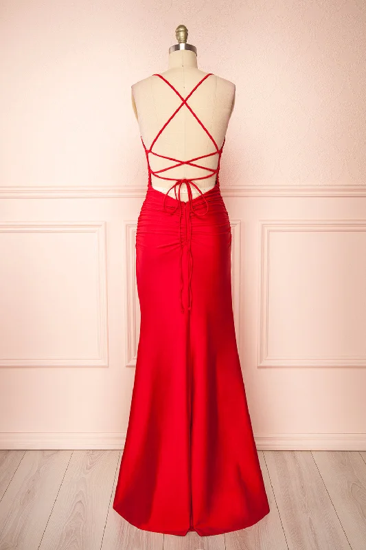 Bridesmaid dress with lace back for romantic vibe -Sonia Red | Mermaid Maxi Dress w/ Slit Bridesmaid dress with lace back for romantic vibe -Sonia Red | Mermaid Maxi Dress w/ Slit