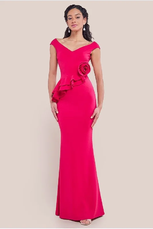 High-low bridesmaid dress for stylish wedding look -Scuba Crepe Rose Frill Maxi Dress - Magenta by Goddiva High-low bridesmaid dress for stylish wedding look -Scuba Crepe Rose Frill Maxi Dress - Magenta by Goddiva