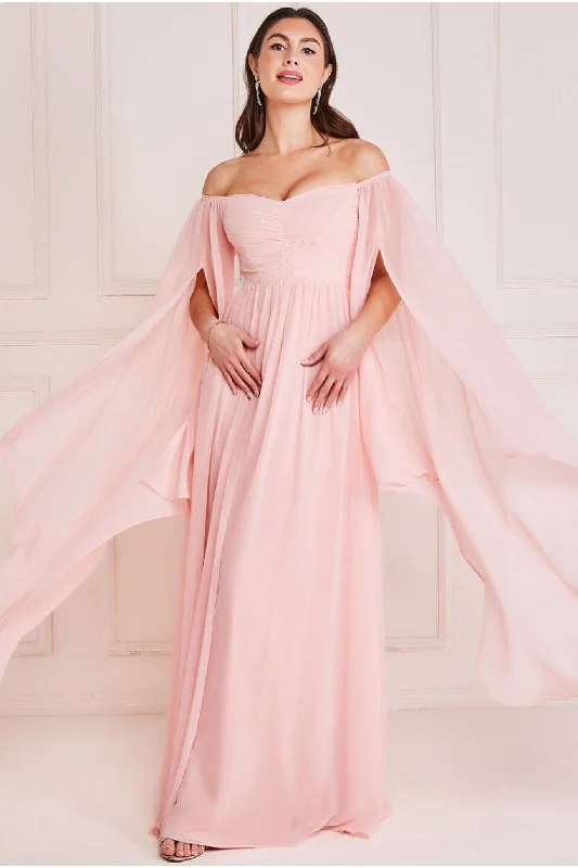 Bridesmaid dress with tulle skirt for princess look -Goddiva Chiffon Off The Shoulder Maxi With Cape Sleeves - Blush Bridesmaid dress with tulle skirt for princess look -Goddiva Chiffon Off The Shoulder Maxi With Cape Sleeves - Blush