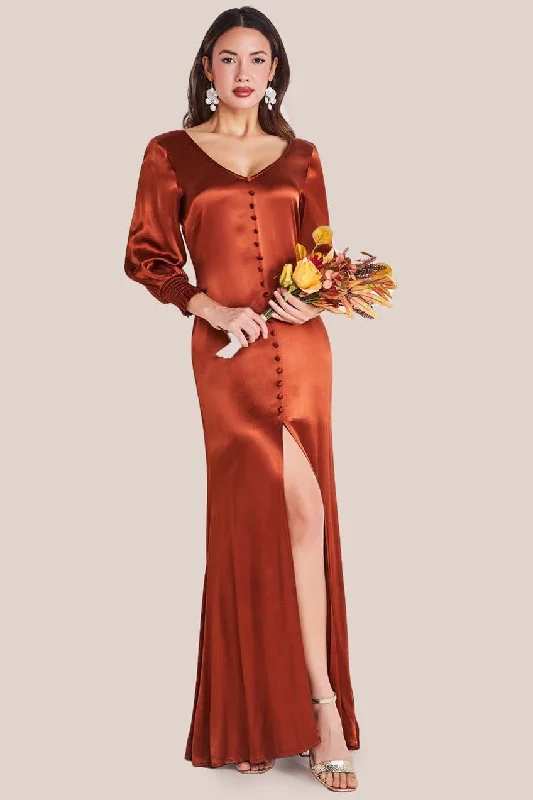 Chic black bridesmaid dress for evening wedding -Goddiva Satin Viscose Front Split Maxi - Brown Chic black bridesmaid dress for evening wedding -Goddiva Satin Viscose Front Split Maxi - Brown