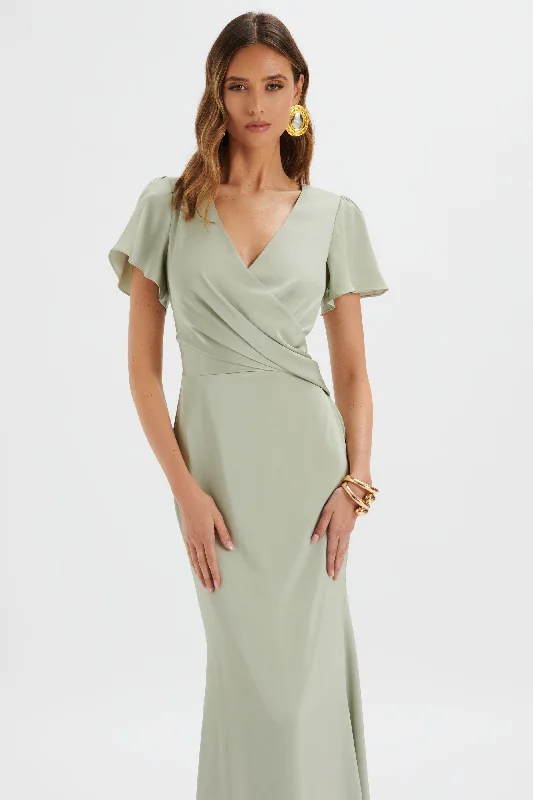 Women's wrap dresses with bunny ears-BEAU Draped Wrap Satin Maxi Dress with Sleeves in Sage Green Women's wrap dresses with bunny ears-BEAU Draped Wrap Satin Maxi Dress with Sleeves in Sage Green