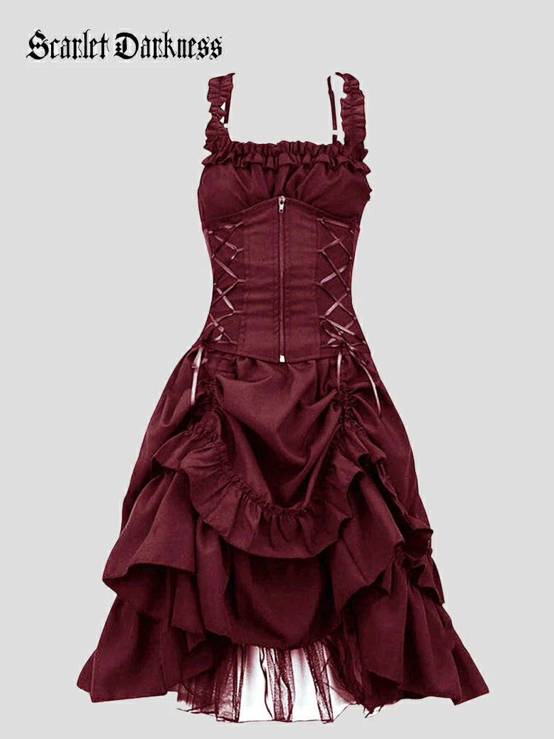 Women’s work dress for office wear -Women Gothic Irregular Tie Hem Waist Lace Dress