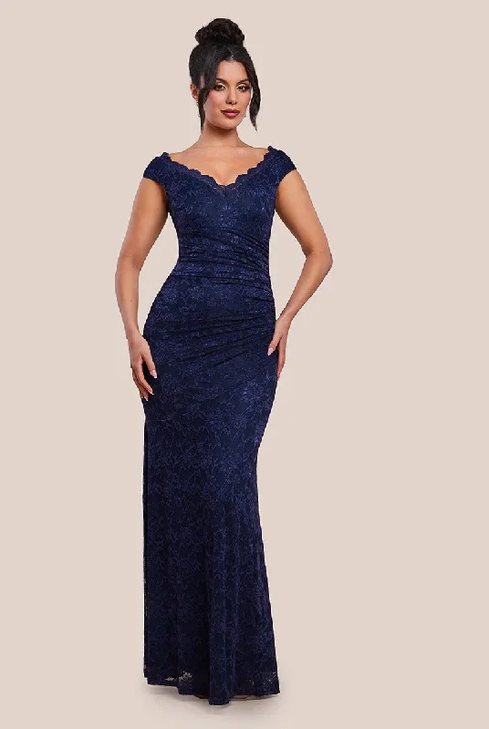 Bridesmaid dress with off-the-shoulder sleeves for drama -Off The Shoulder Scalloped Neck Maxi Dress - Navy Blue by Goddiva Bridesmaid dress with off-the-shoulder sleeves for drama -Off The Shoulder Scalloped Neck Maxi Dress - Navy Blue by Goddiva