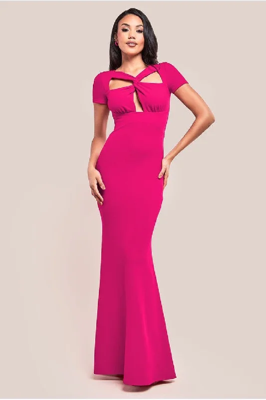 Elegant bridesmaid dress for evening wedding -Scuba Crepe Twist Cutout Maxi Dress - Hot Pink by Goddiva Elegant bridesmaid dress for evening wedding -Scuba Crepe Twist Cutout Maxi Dress - Hot Pink by Goddiva