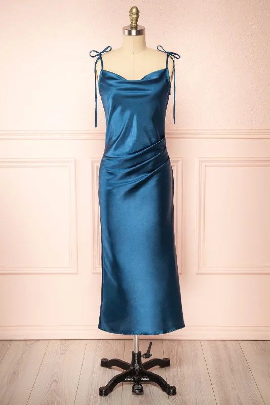 Beautiful bridesmaid dress with ruffle details -Elyse Royal Blue | Cowl Neck Midi Dress Beautiful bridesmaid dress with ruffle details -Elyse Royal Blue | Cowl Neck Midi Dress