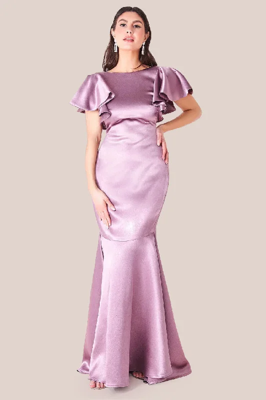 Bridesmaid dresses with ruched bodice for a tight fit -Satin Flutter Sleeve Mermaid - Rosepink by Goddiva Bridesmaid dresses with ruched bodice for a tight fit -Satin Flutter Sleeve Mermaid - Rosepink by Goddiva