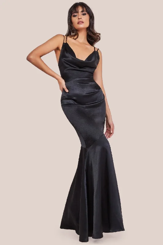 Bridesmaid dress with sweetheart neckline for classic style -Goddiva Cowl Neck With Strappy Back Satin Maxi - Black Bridesmaid dress with sweetheart neckline for classic style -Goddiva Cowl Neck With Strappy Back Satin Maxi - Black