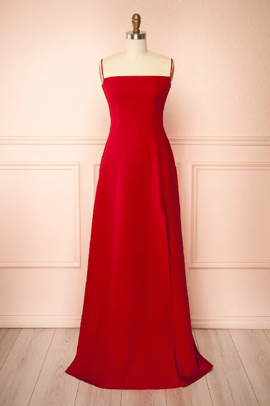 Bridesmaid dress with a wrap-around design for flattering shape -Izabella Red | A-line Maxi Dress w/ Open Back Bridesmaid dress with a wrap-around design for flattering shape -Izabella Red | A-line Maxi Dress w/ Open Back