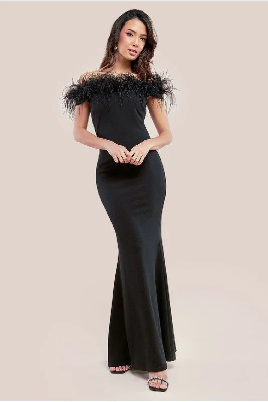 Bridesmaid dresses with empire waistline for flattering fit -Scuba Off The Shoulder Feather Trim Maxi - Black by Goddiva Bridesmaid dresses with empire waistline for flattering fit -Scuba Off The Shoulder Feather Trim Maxi - Black by Goddiva