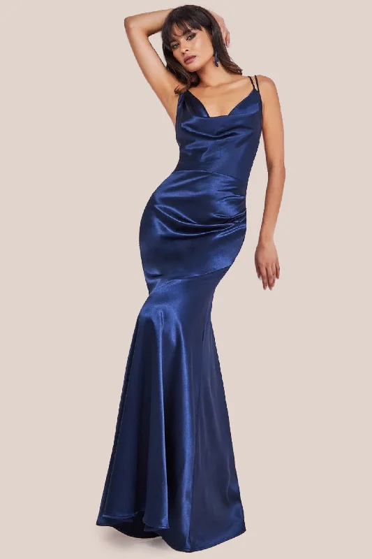Comfortable bridesmaid dress for hot weather weddings -Cowl Neck With Strappy Back Satin Maxi - Navy by Goddiva Comfortable bridesmaid dress for hot weather weddings -Cowl Neck With Strappy Back Satin Maxi - Navy by Goddiva