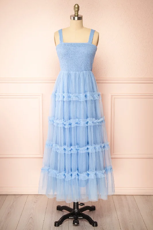 Bridesmaid dresses with wrap-around fit for flattering silhouette -Musai Blue | Long Dress w/ Ruched Top Bridesmaid dresses with wrap-around fit for flattering silhouette -Musai Blue | Long Dress w/ Ruched Top