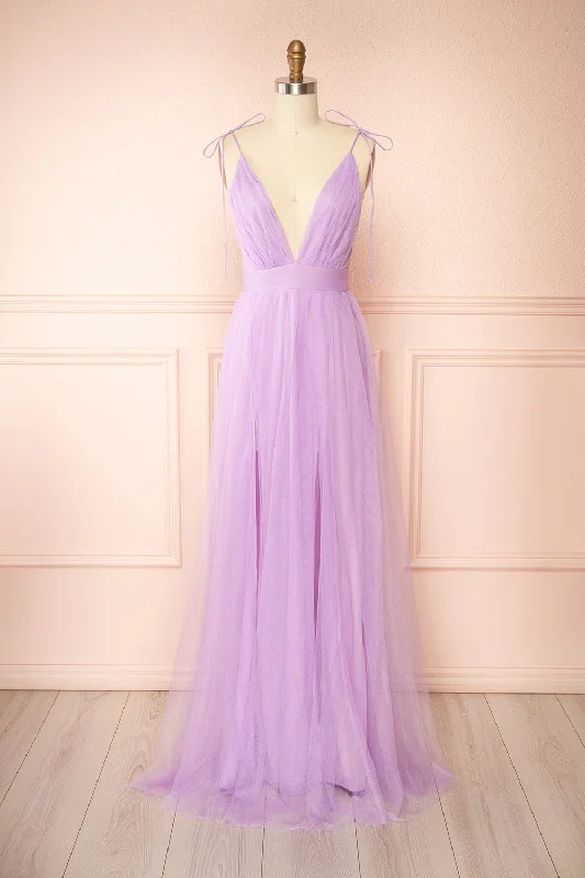 Bridesmaid dress with subtle shimmer for sophisticated look -Hyedi Lavender | Tulle Gown with Plunging Neckline Bridesmaid dress with subtle shimmer for sophisticated look -Hyedi Lavender | Tulle Gown with Plunging Neckline