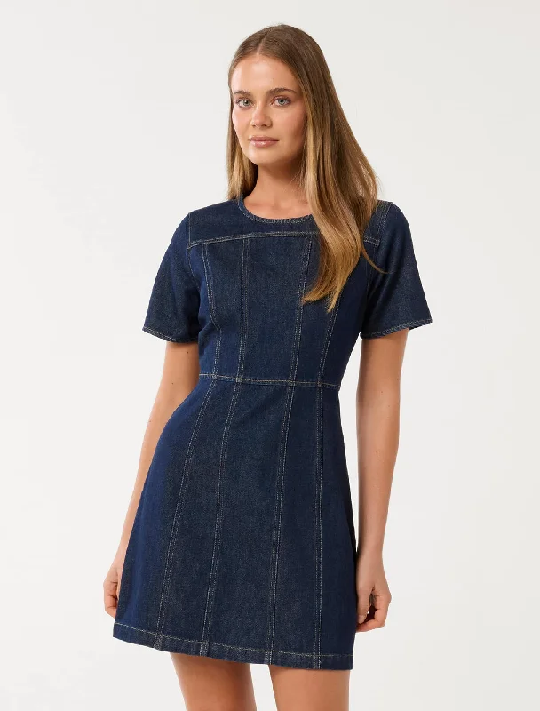Day dress with floral print for feminine touch -Bleu Shift Denim Dress
