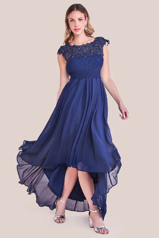 Bridesmaid dresses with satin finish for sleek look -Goddiva Crochet & Pleated Top High Low Maxi - Navy Bridesmaid dresses with satin finish for sleek look -Goddiva Crochet & Pleated Top High Low Maxi - Navy