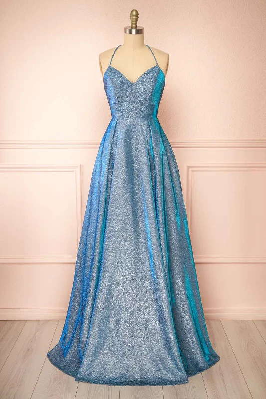 Bridesmaid dresses with chiffon bodice for airy feel -Darya Blue | Sparkly Maxi Dress w/ Laced Back Bridesmaid dresses with chiffon bodice for airy feel -Darya Blue | Sparkly Maxi Dress w/ Laced Back