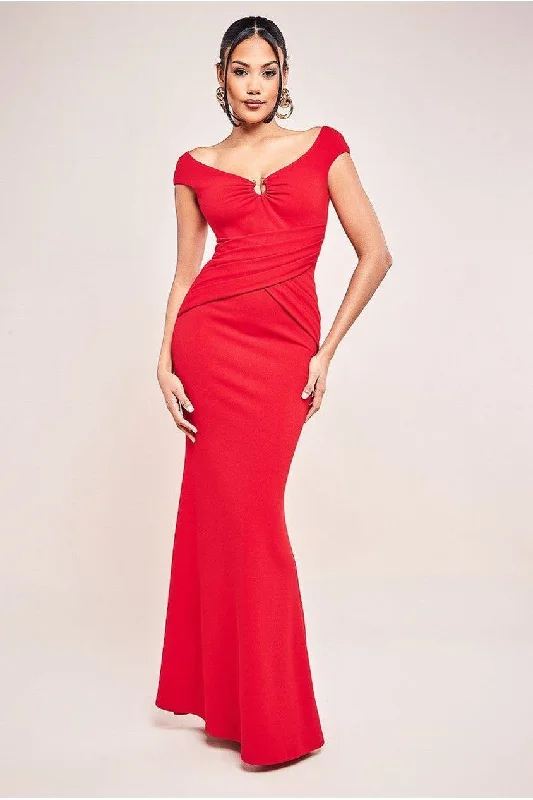 Bridesmaid dress with pleated bodice for feminine shape -Bardot Pleated Maxi With Metal Trim Maxi Dress - Red by Goddiva Bridesmaid dress with pleated bodice for feminine shape -Bardot Pleated Maxi With Metal Trim Maxi Dress - Red by Goddiva