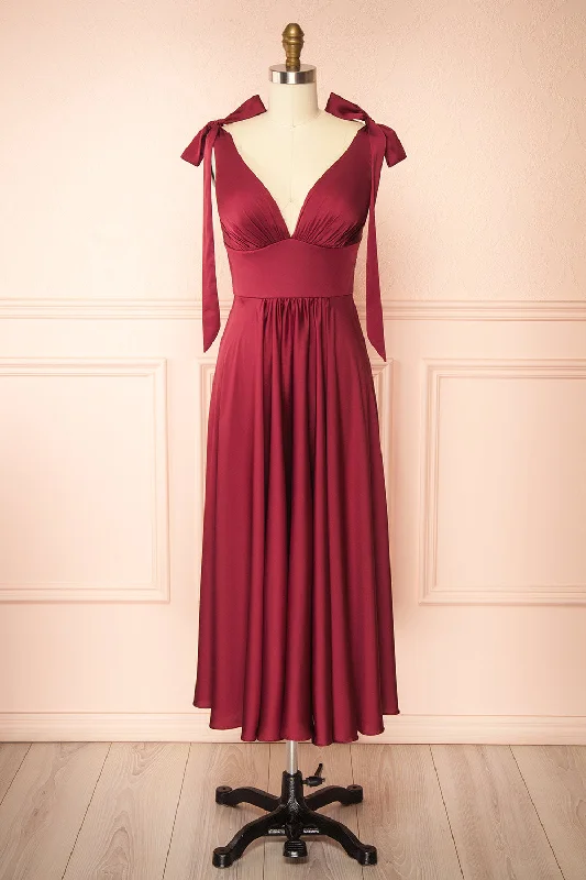 Chic bridesmaid dress with fitted waistline -Vida Burgundy | Satin Midi Dress w/ Tie Straps Chic bridesmaid dress with fitted waistline -Vida Burgundy | Satin Midi Dress w/ Tie Straps