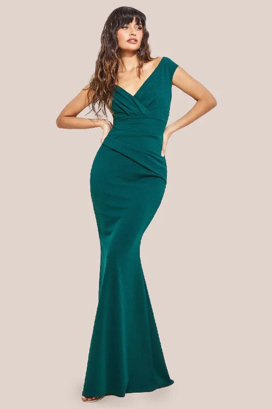 Bridesmaid dresses with satin skirt for smooth finish -Bardot Pleated Maxi Dress - EmeraldGreen by Goddiva Bridesmaid dresses with satin skirt for smooth finish -Bardot Pleated Maxi Dress - EmeraldGreen by Goddiva
