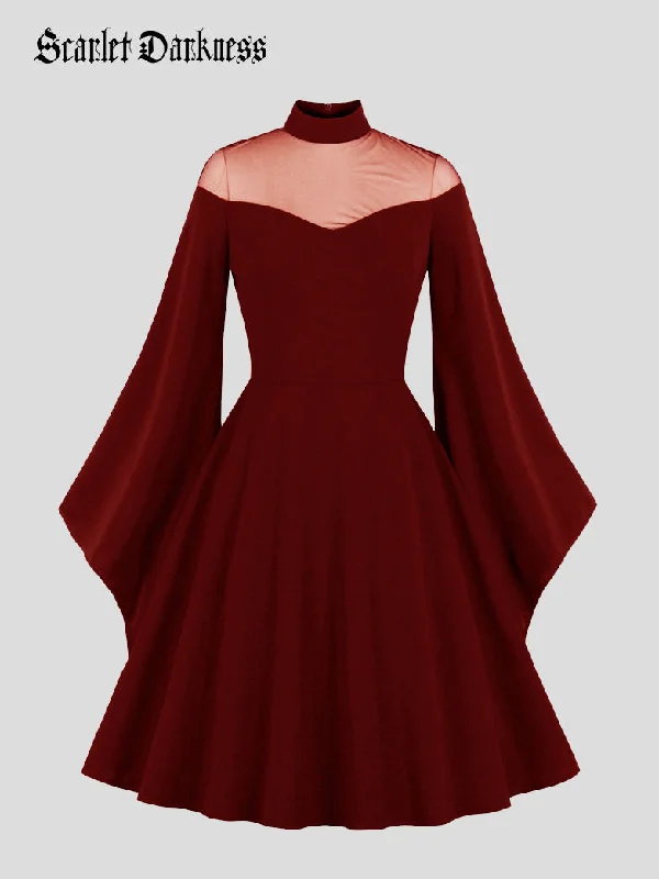 Stylish office work dress for everyday elegance -Women Gothic Mesh Paneled Bell Sleeve Party Dress Stylish office work dress for everyday elegance -Women Gothic Mesh Paneled Bell Sleeve Party Dress