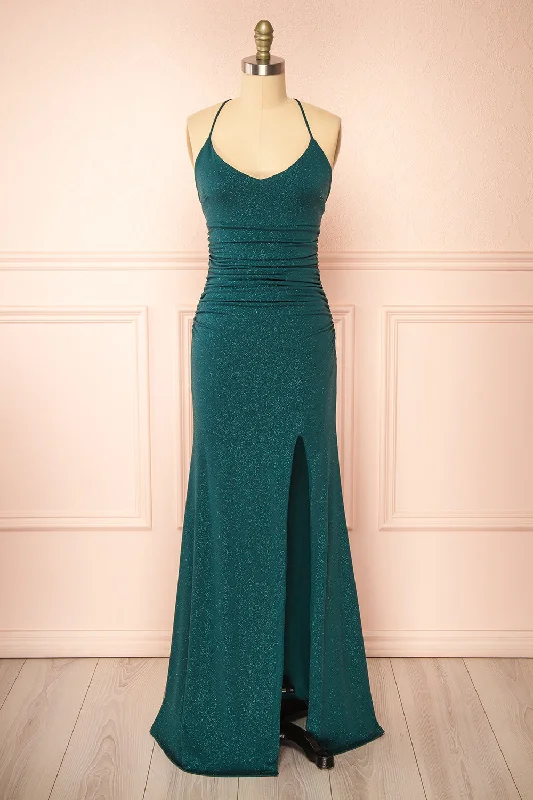 Bridesmaid dresses with subtle pleating for textured effect -Samira Green | Sparkly Mermaid Maxi Dress w/ Slit Bridesmaid dresses with subtle pleating for textured effect -Samira Green | Sparkly Mermaid Maxi Dress w/ Slit