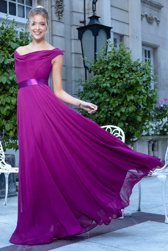Elegant bridesmaid dress with off-shoulder design -Cowl Neck Chiffon Maxi Dress - Magenta by Goddiva Elegant bridesmaid dress with off-shoulder design -Cowl Neck Chiffon Maxi Dress - Magenta by Goddiva