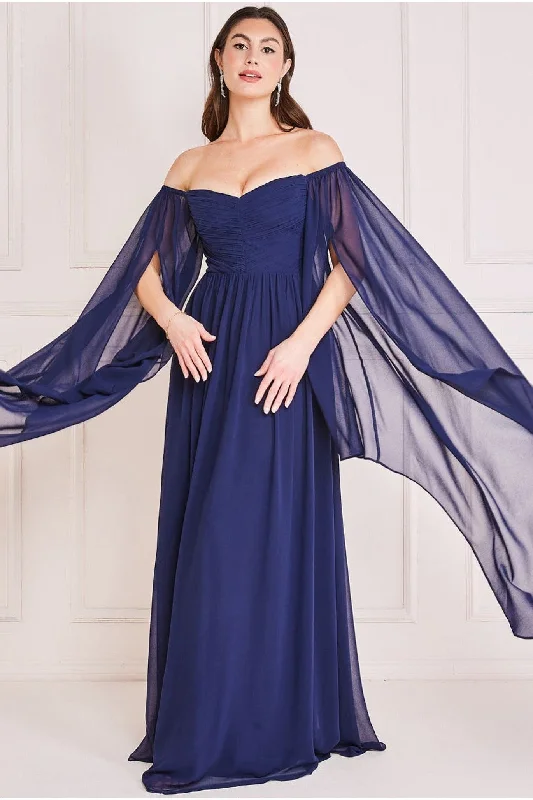 Bridesmaid dresses with deep V-neck for bold effect -Chiffon Off The Shoulder Maxi With Cape Sleeves - Navy by Goddiva Bridesmaid dresses with deep V-neck for bold effect -Chiffon Off The Shoulder Maxi With Cape Sleeves - Navy by Goddiva