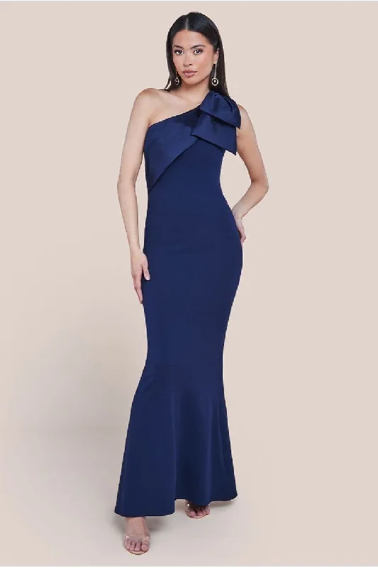 Bridesmaid dresses with ruching for flattering fit -One Shoulder Satin Bow Scuba Crepe Maxi Dress - Navy by Goddiva Bridesmaid dresses with ruching for flattering fit -One Shoulder Satin Bow Scuba Crepe Maxi Dress - Navy by Goddiva