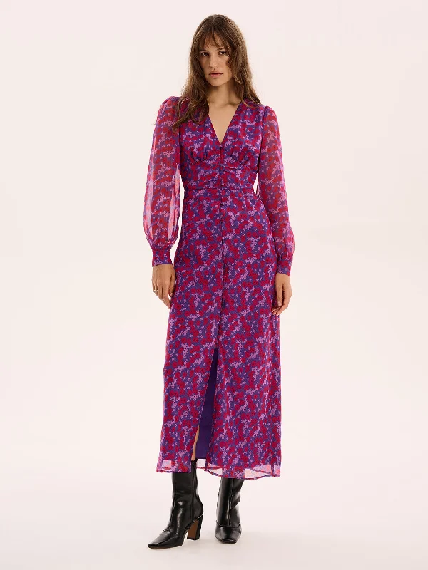 Day dress with smocked waist for comfort -Mary-Rose Dress in Purple Scattered Floral Day dress with smocked waist for comfort -Mary-Rose Dress in Purple Scattered Floral