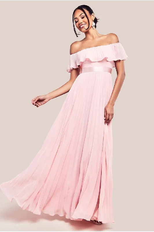 Chic bridesmaid dress with clean lines and simple silhouette -Goddiva Pleated Chiffon Off Shoulder Maxi Dress - Blush Chic bridesmaid dress with clean lines and simple silhouette -Goddiva Pleated Chiffon Off Shoulder Maxi Dress - Blush