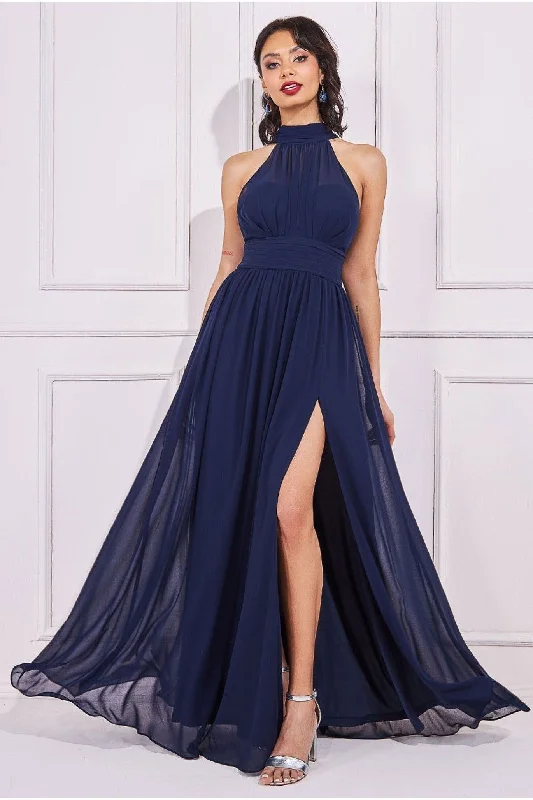 Bridesmaid dress with boat neckline for refined look -Halterneck Chiffon Maxi With Thigh Split - Navy by Goddiva Bridesmaid dress with boat neckline for refined look -Halterneck Chiffon Maxi With Thigh Split - Navy by Goddiva