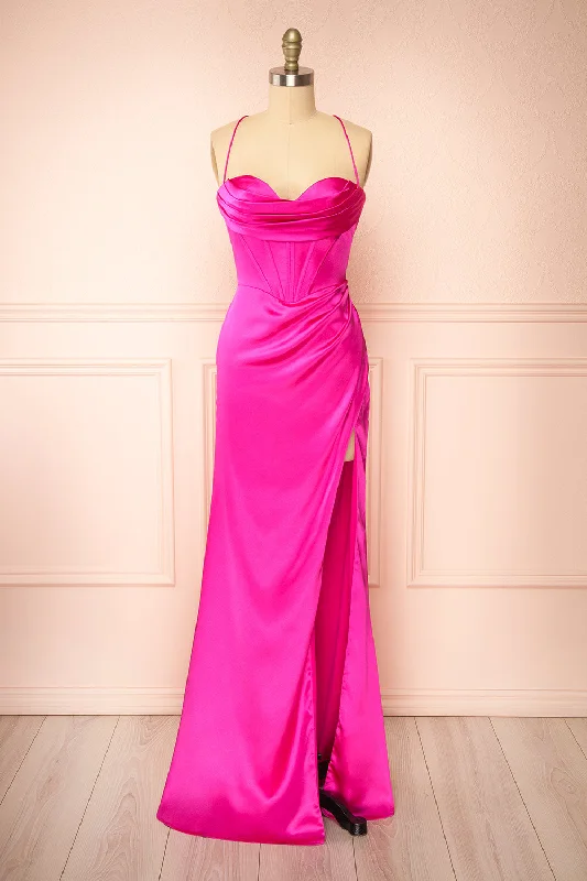 Bridesmaid dresses with satin finish for sleek look -Kesha Fuchsia | Corset Cowl Neck Maxi Dress Bridesmaid dresses with satin finish for sleek look -Kesha Fuchsia | Corset Cowl Neck Maxi Dress
