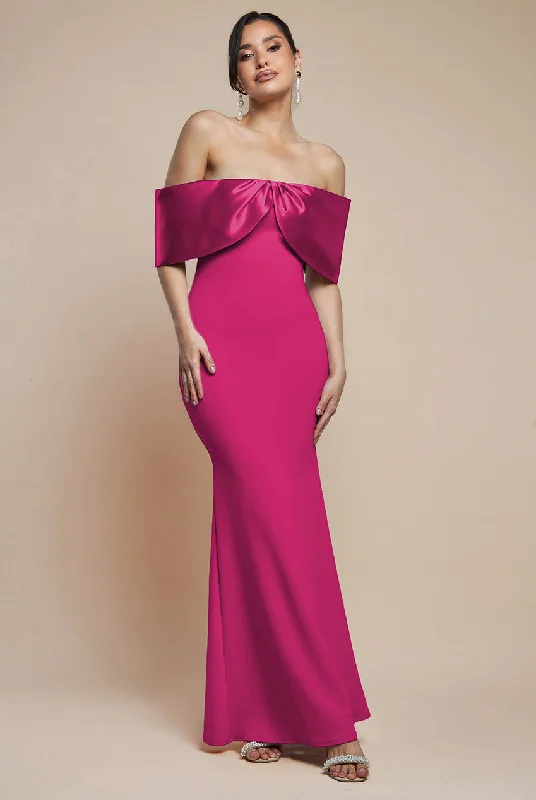 Elegant bridesmaid dress with off-shoulder design -Twist Knot Satin & Scuba Bardot Maxi Dress - Magenta by Goddiva Elegant bridesmaid dress with off-shoulder design -Twist Knot Satin & Scuba Bardot Maxi Dress - Magenta by Goddiva