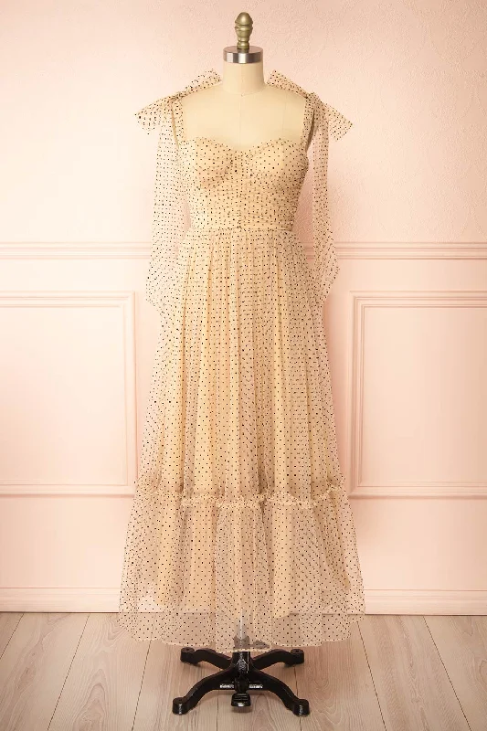 Bridesmaid dress with V-back for sultry touch -Polkarine | Cream Tulle Maxi Dress w/ Polka Dots Bridesmaid dress with V-back for sultry touch -Polkarine | Cream Tulle Maxi Dress w/ Polka Dots