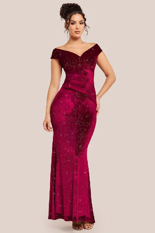 Classic black bridesmaid dress for formal weddings -Shimmer Velvet Bardot Maxi Dress - Wine by Goddiva Classic black bridesmaid dress for formal weddings -Shimmer Velvet Bardot Maxi Dress - Wine by Goddiva