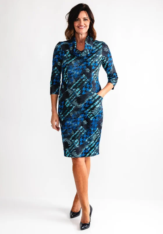 Women's wrap dresses with spooky themes-Avalon Pia Cowl Scarf Neck Tunic Dress, Blue Multi Women's wrap dresses with spooky themes-Avalon Pia Cowl Scarf Neck Tunic Dress, Blue Multi