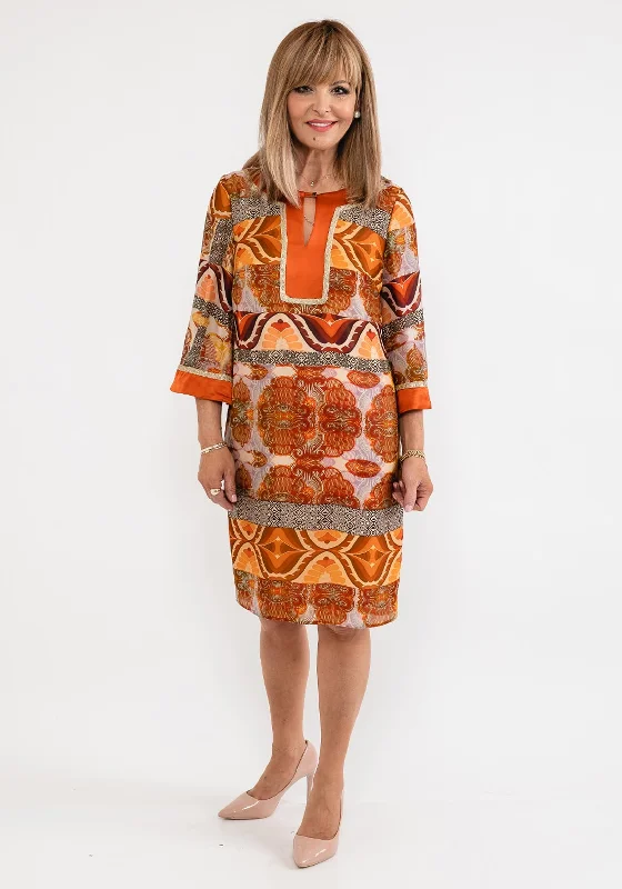 Women's wrap dresses with formal accessories-Badoo Satin Print Tunic Dress, Orange