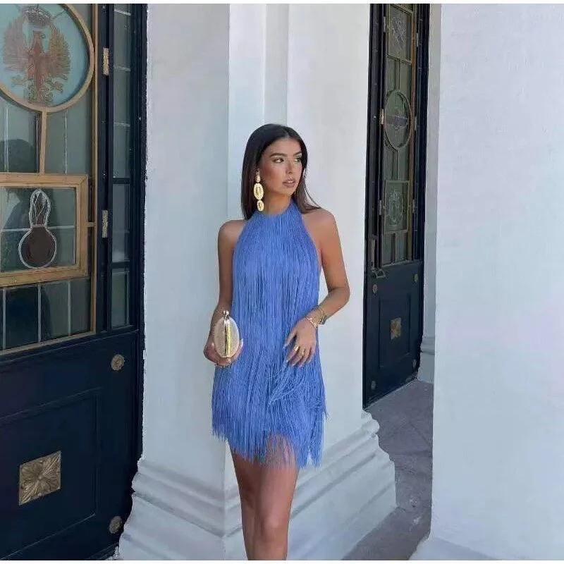 Women’s off-the-shoulder lace and satin prom dress -Blue Hue Tasseled Statement Dress Women’s off-the-shoulder lace and satin prom dress -Blue Hue Tasseled Statement Dress