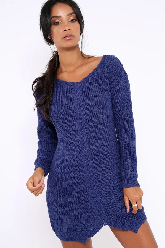 Women’s halter neck prom dress with beaded design -Blue Jumper Dress with Twist Knit Detail - Antonia Women’s halter neck prom dress with beaded design -Blue Jumper Dress with Twist Knit Detail - Antonia