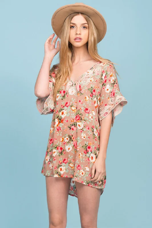 Wrap dresses for summer garden parties-Brynn Floral Embroidered Tunic Dress Mocha