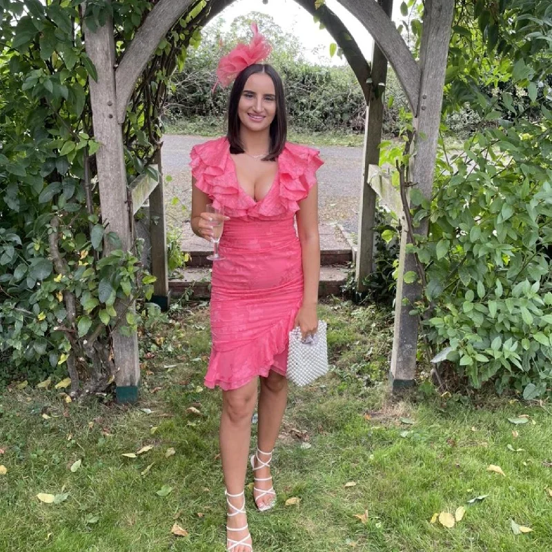 Women’s floral A-line prom dress for a feminine touch -Coral Pink Ruffle Dress