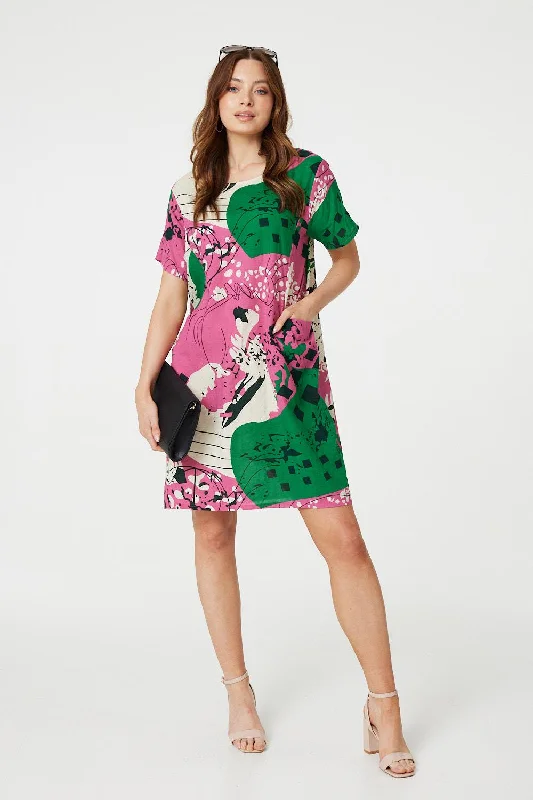 Women's wrap dresses with end-of-summer vibes-Printed Short Sleeve Relaxed Tunic Dress Women's wrap dresses with end-of-summer vibes-Printed Short Sleeve Relaxed Tunic Dress
