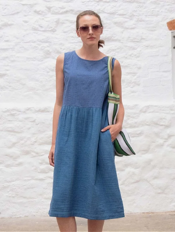 Day dress with draped neckline for graceful touch -Elaine Cotton Day Dress | Med Blue Day dress with draped neckline for graceful touch -Elaine Cotton Day Dress | Med Blue