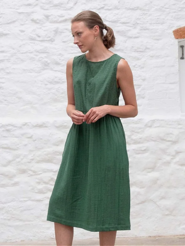 Day dress with front pleats for added texture -Elaine Cotton Day Dress | Forest Green Day dress with front pleats for added texture -Elaine Cotton Day Dress | Forest Green