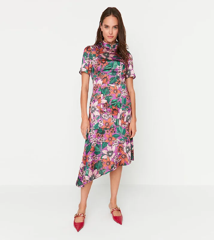 Women’s off-the-shoulder lace prom dress for a romantic look -Floral Asymmetric Print Dress Women’s off-the-shoulder lace prom dress for a romantic look -Floral Asymmetric Print Dress